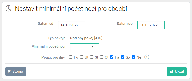 Nastavení minimálního počtu nocí