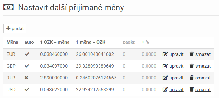 2 - seznam přijímaných měn