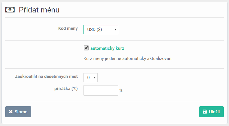 Přidat měnu - Automatický kurz