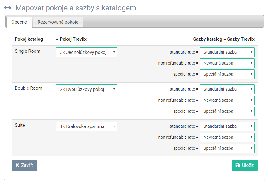 Mapování pokojů Trevlixu a katalogu ubytování