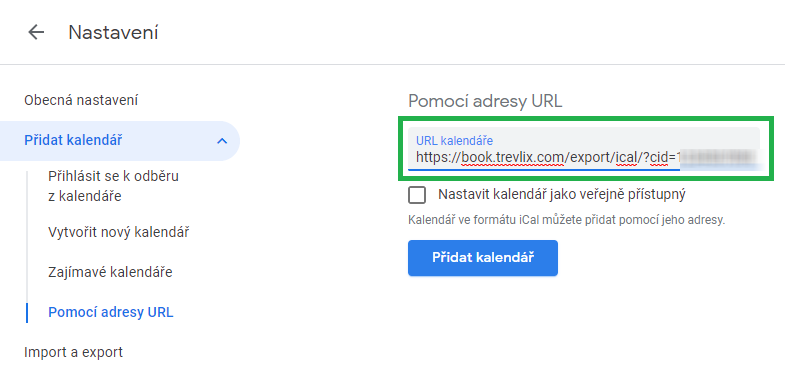 Vložit URL adresu exportu z Trevlixu do Google Kalendáře