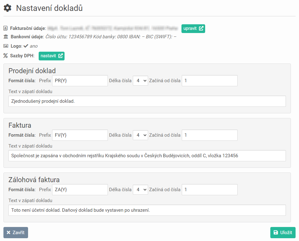 nastavení dokladů