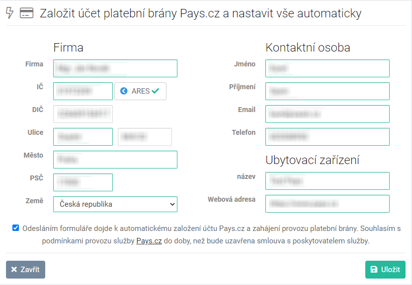 Kontakntí údaje ubytovacího zařízení