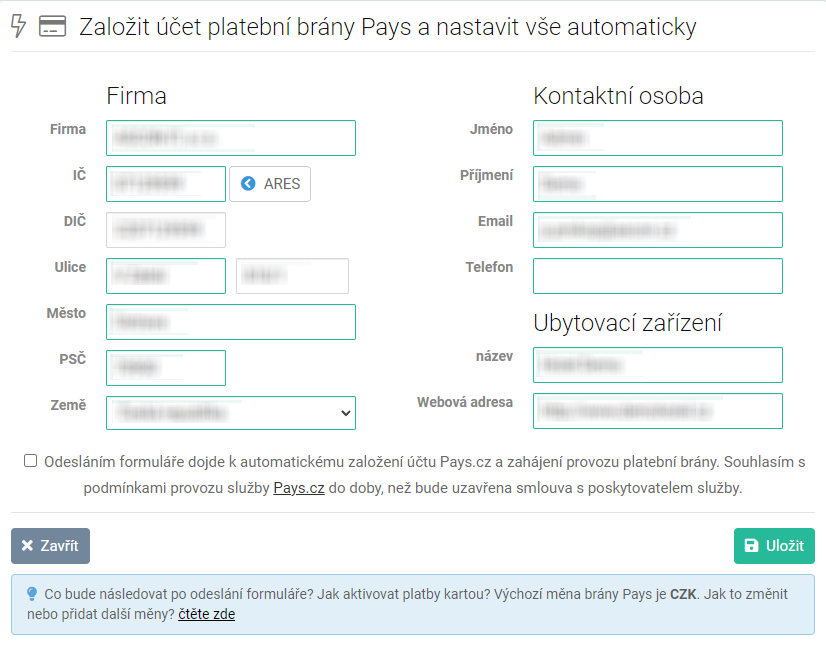 Kontakntí údaje ubytovacího zařízení