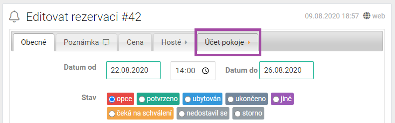 Editace rezervace - Účet pokoje