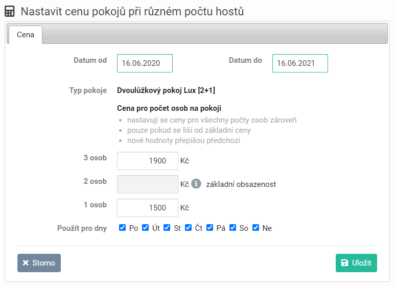 Nastavení ceny při různém počtu hostů