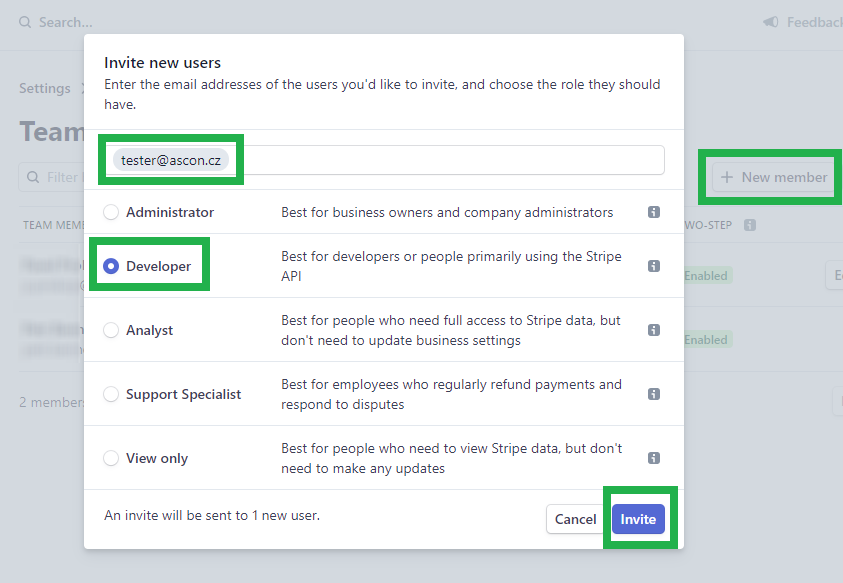 Stripe - pridanie účtu developer