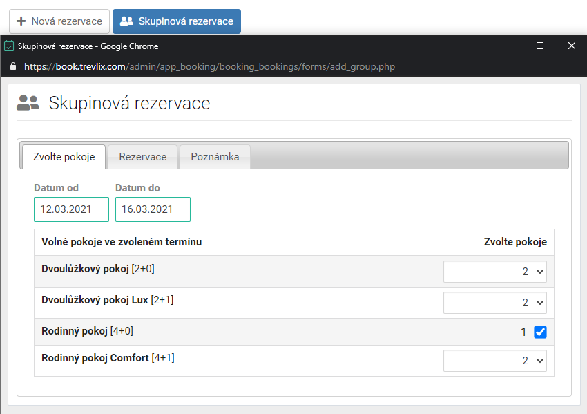 admin - Skupinová rezervace - volba pokojů