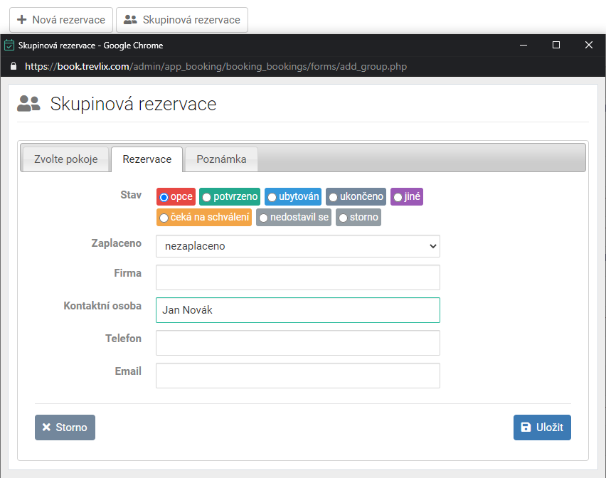 admin - Skupinová rezervace - kontaktní údaje