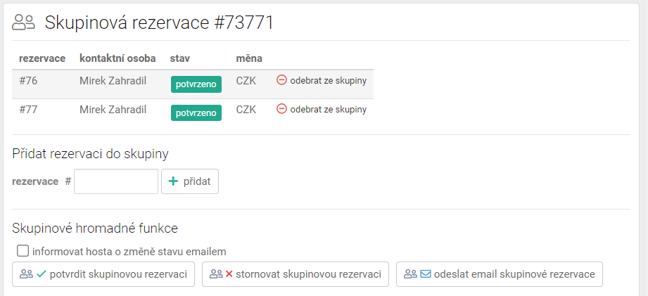 skupinová rezervace - editovat