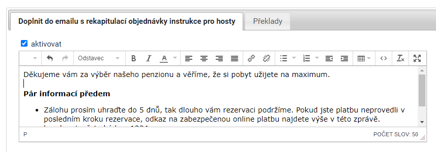 Email rekapitulace rezervace