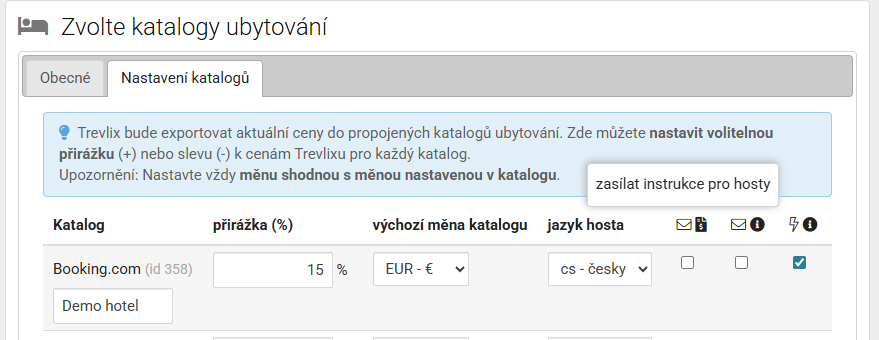 Zasílání informace pro katalogy Channel manageru