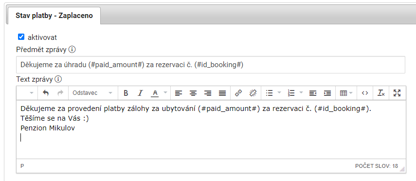 Email rezervace ubytování zaplacena