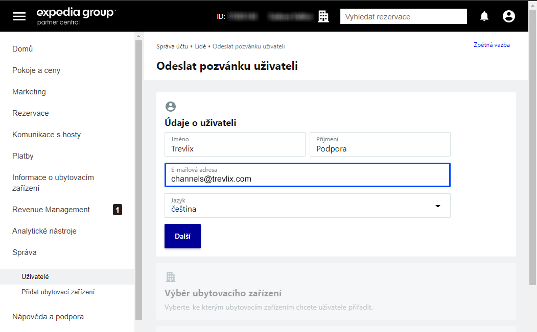 Expedia - údaje uživatele