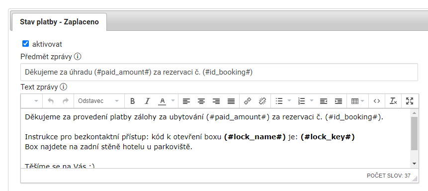 Zpráva o zaplacení rezervace s odesláním klíče