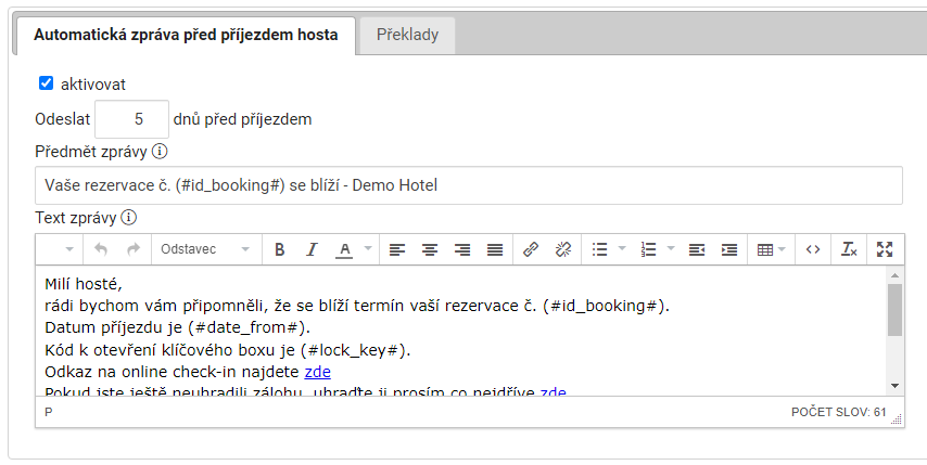 automatická zpráva před příjezdem hosta