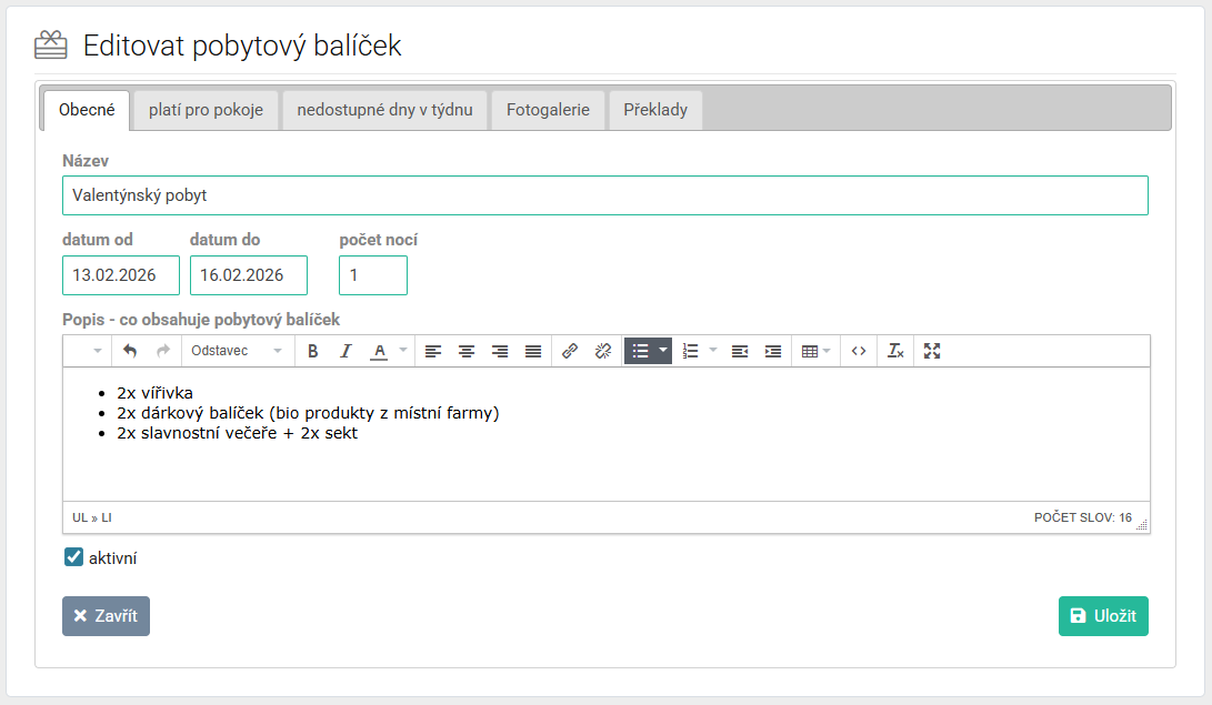 Přidat pobytový balíček