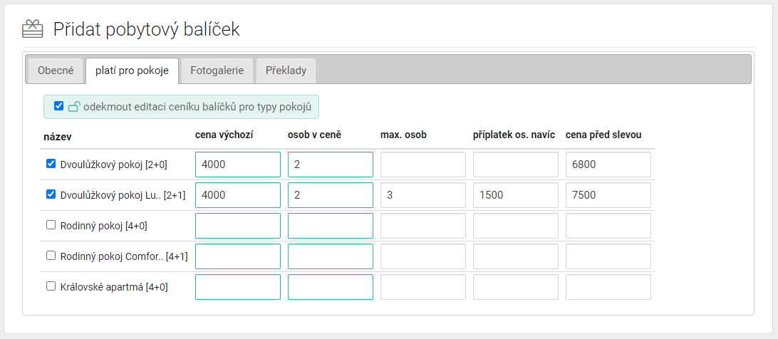 Pobytové balíčky - nastavit typy pokojů, ceny, počet hostů