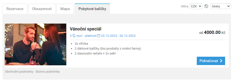 Booking engine - pobytový balíček