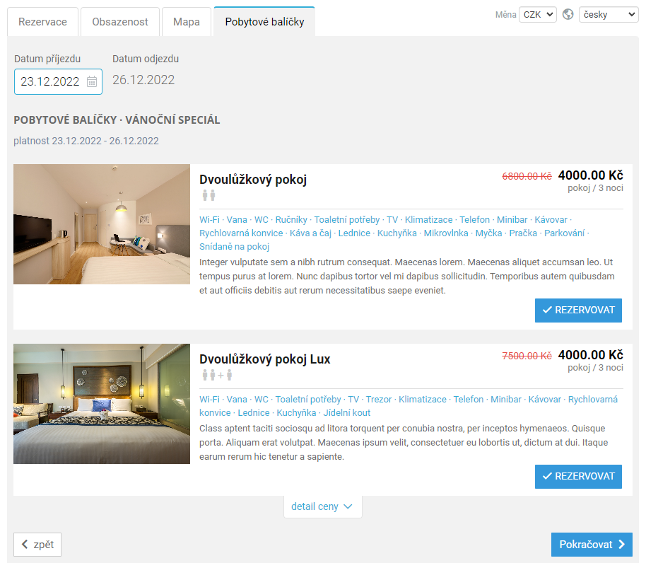 Booking engine - Pobytové balíčky krok 2 - volba typu pokoje
