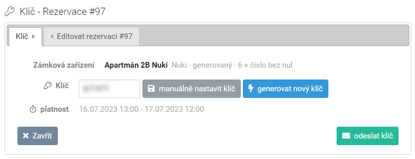 Nový klíč byl nastaven pro rezervace