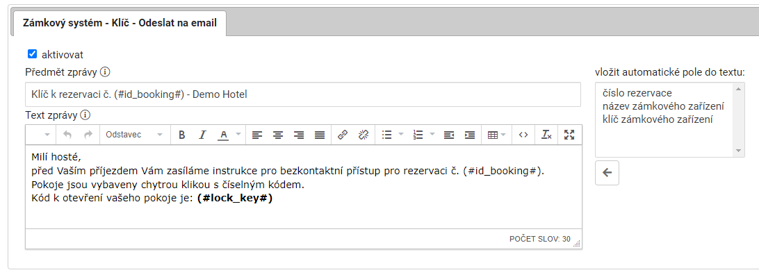 Nastavení zprávy se zasláním klíče hostu
