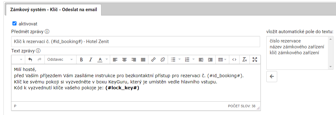 Nastavení zprávy se zasláním klíče hostu