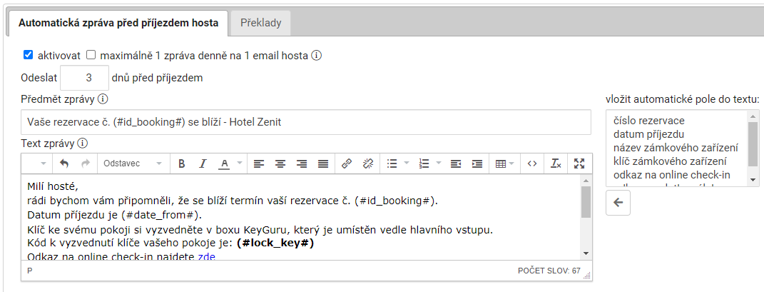 Zpráva o zaplacení rezervace s odesláním klíče