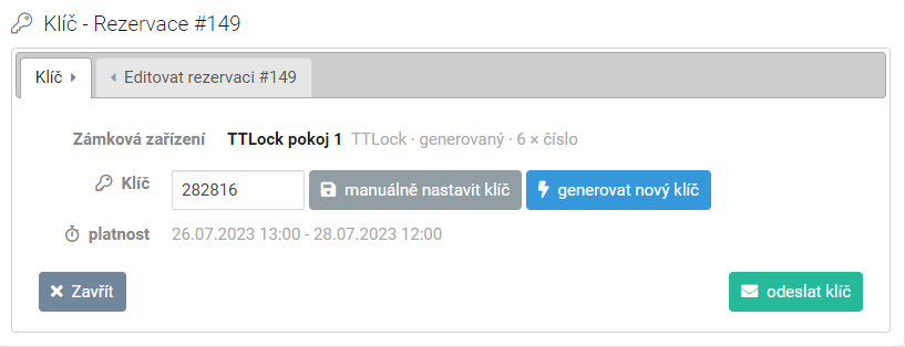 Nový klíč byl nastaven pro rezervace