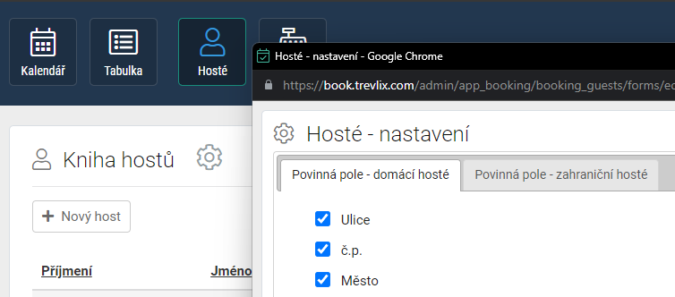 Hosté - nastavení povinných polí