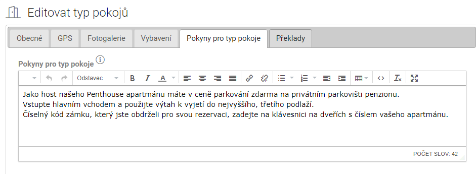 Instrukce pro Typ pokoje