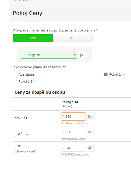 Cena pro počet osob na pokoji